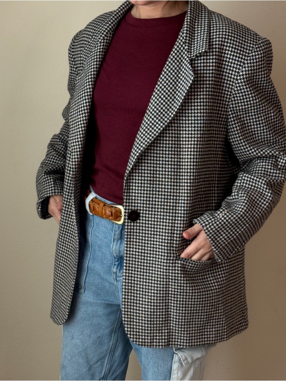 Houndstooth Single-Button Blazer in Black & White